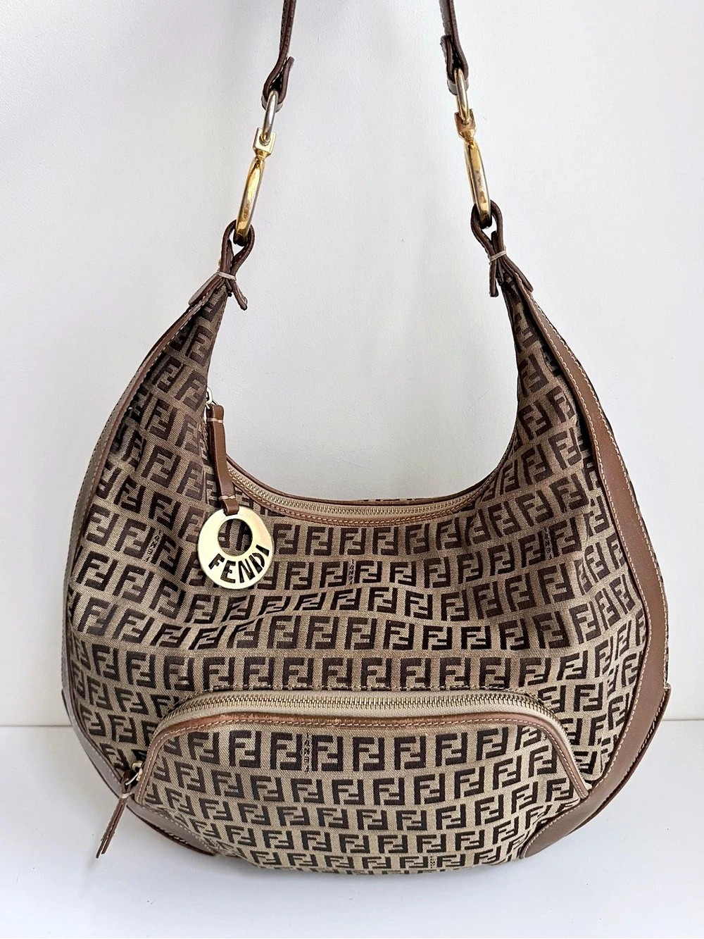 Authentic Fendi Zucchino Chef Canvas Front Pocket Hobo Shoulder Bag & Tan